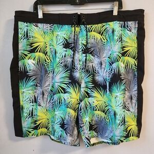 Mens XL George Palm Tree Print Swim Trunks Board Shorts Black‎ Green Tropical